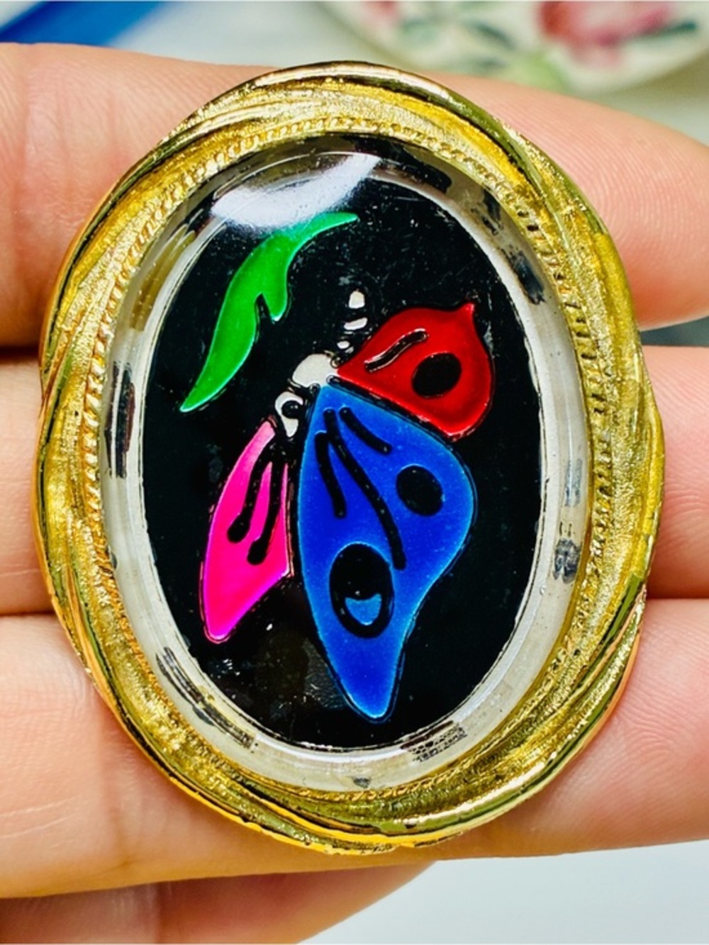 Colorful Butterfly Pendant Brooch in Gold-Tone Frame Unusual Eclectic EUC